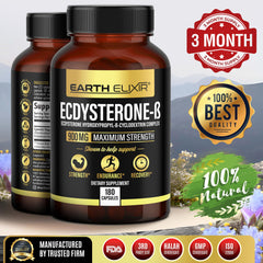 Earth Elixir Ecdysterone bottle with water; easy daily serving for recovery.