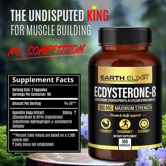 Earth Elixir Ecdysterone capsules close-up; convenient daily capsules for workouts.