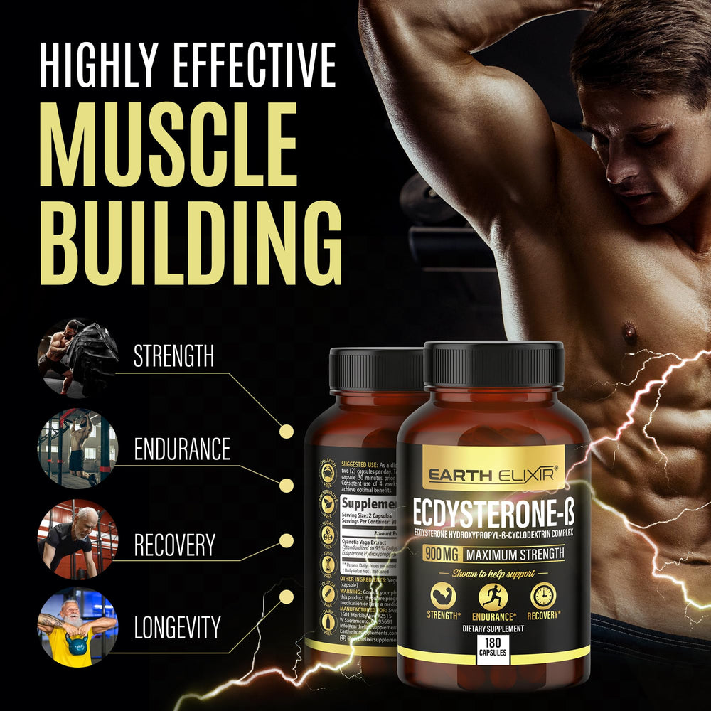 Earth Elixir Ecdysterone packaging display; 95% beta ecdysterone and USA-made.