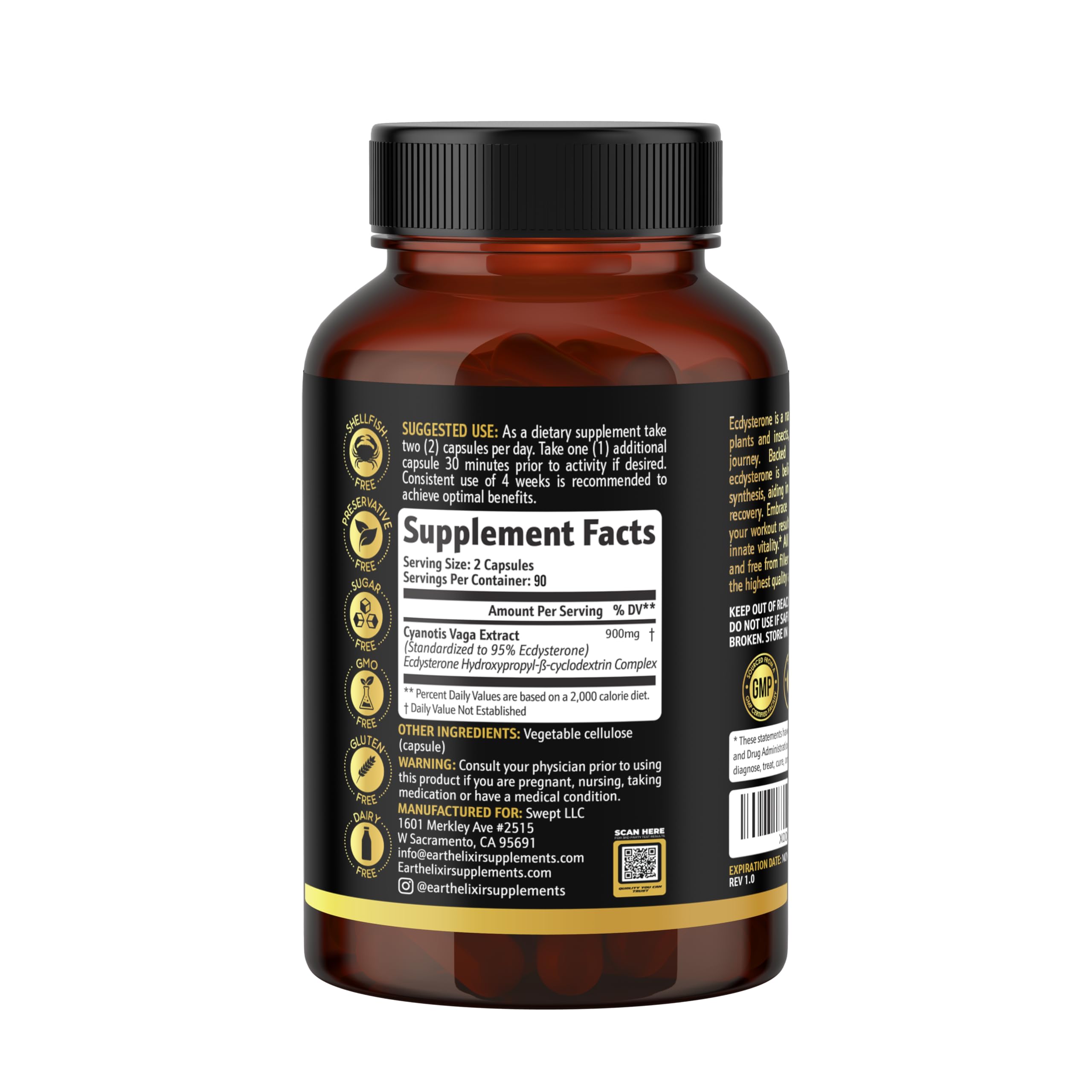 Earth Elixir Ecdysterone vegan formula; gluten-free and non-GMO ingredients.