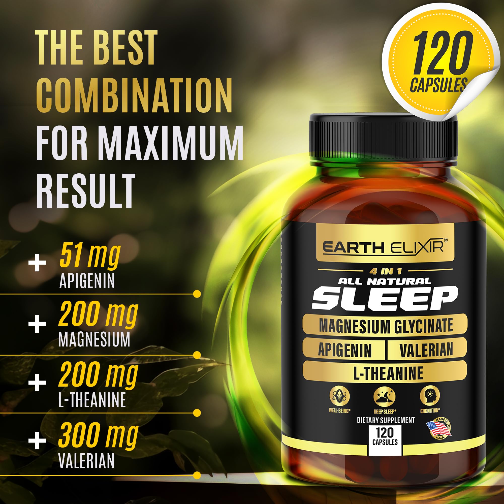 Earth Elixir L-theanine 200mg capsules beside a glass of water.