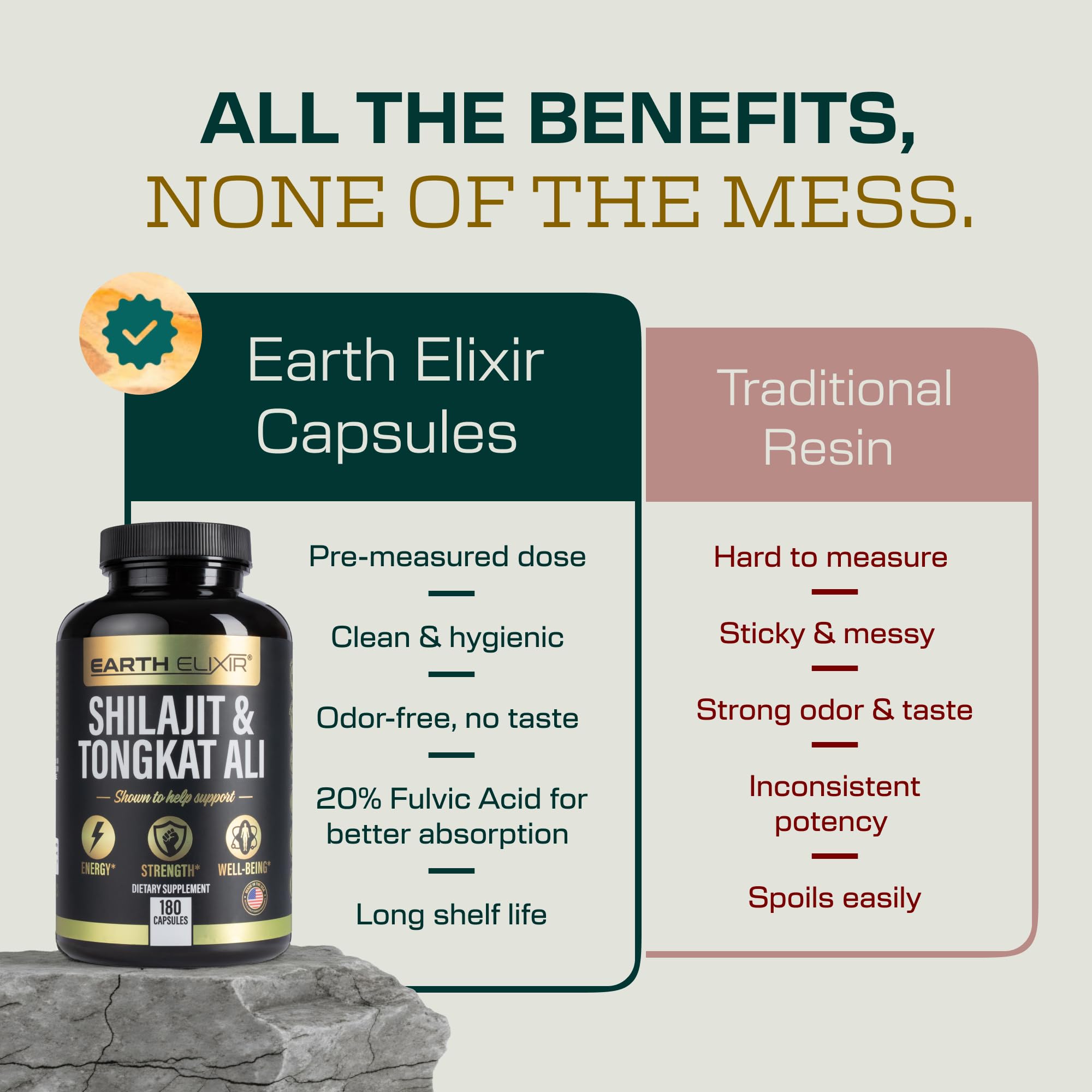 Earth Elixir mineral-rich fulvic-acid glow highlights nutrient-dense formula.