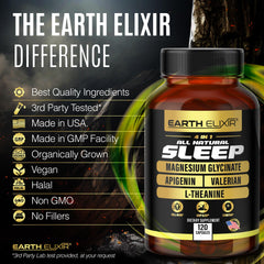 Earth Elixir night-relaxation bottle on a bedside table.