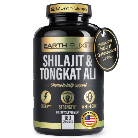 Earth Elixir Shilajit Tongkat Ali capsules bottle front for daily vitality support.