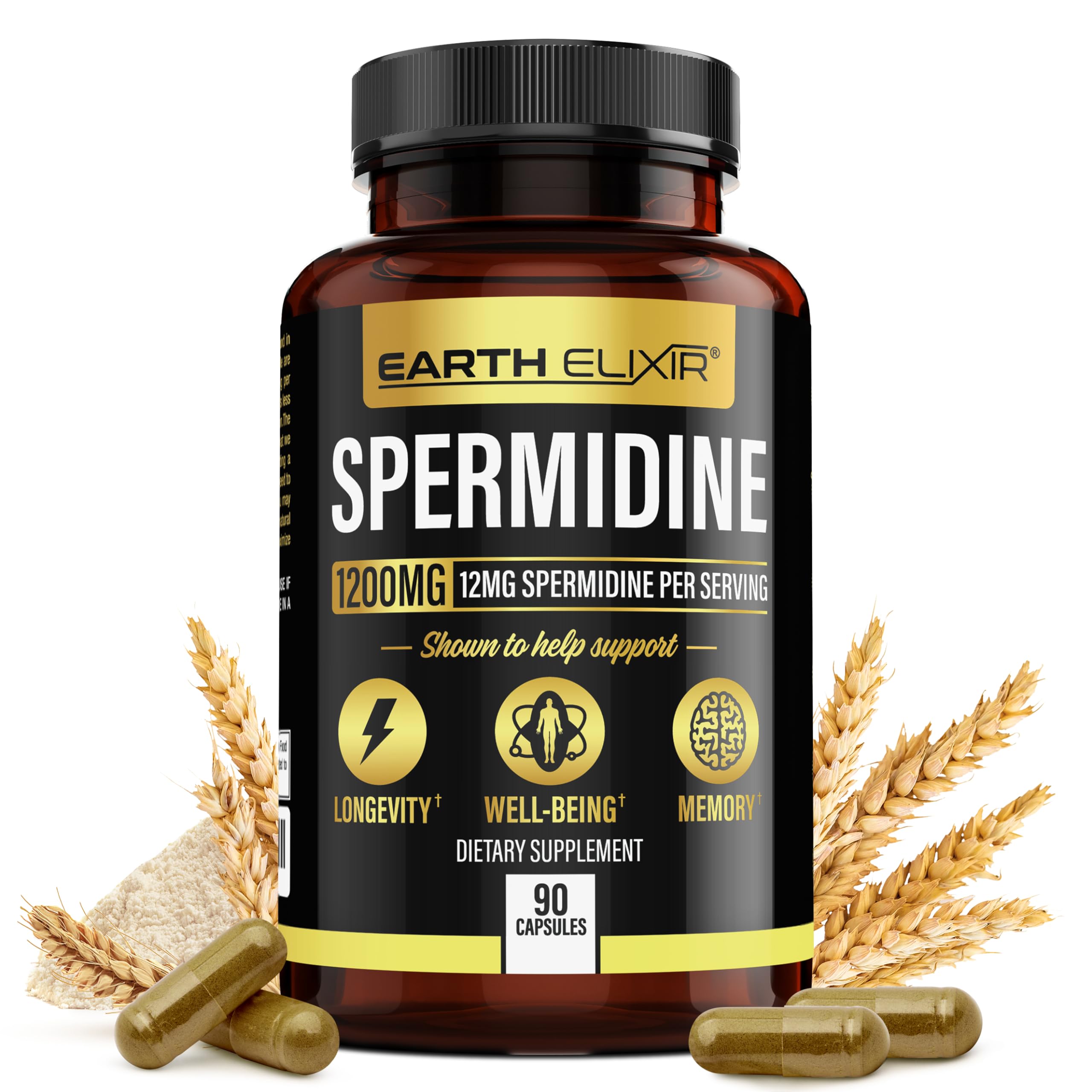 Earth Elixir Spermidine bottle front with premium label signaling quality.