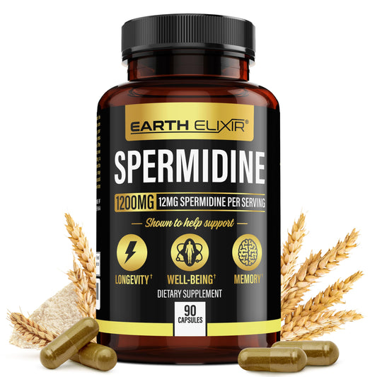 Earth Elixir Spermidine bottle front with premium label signaling quality.