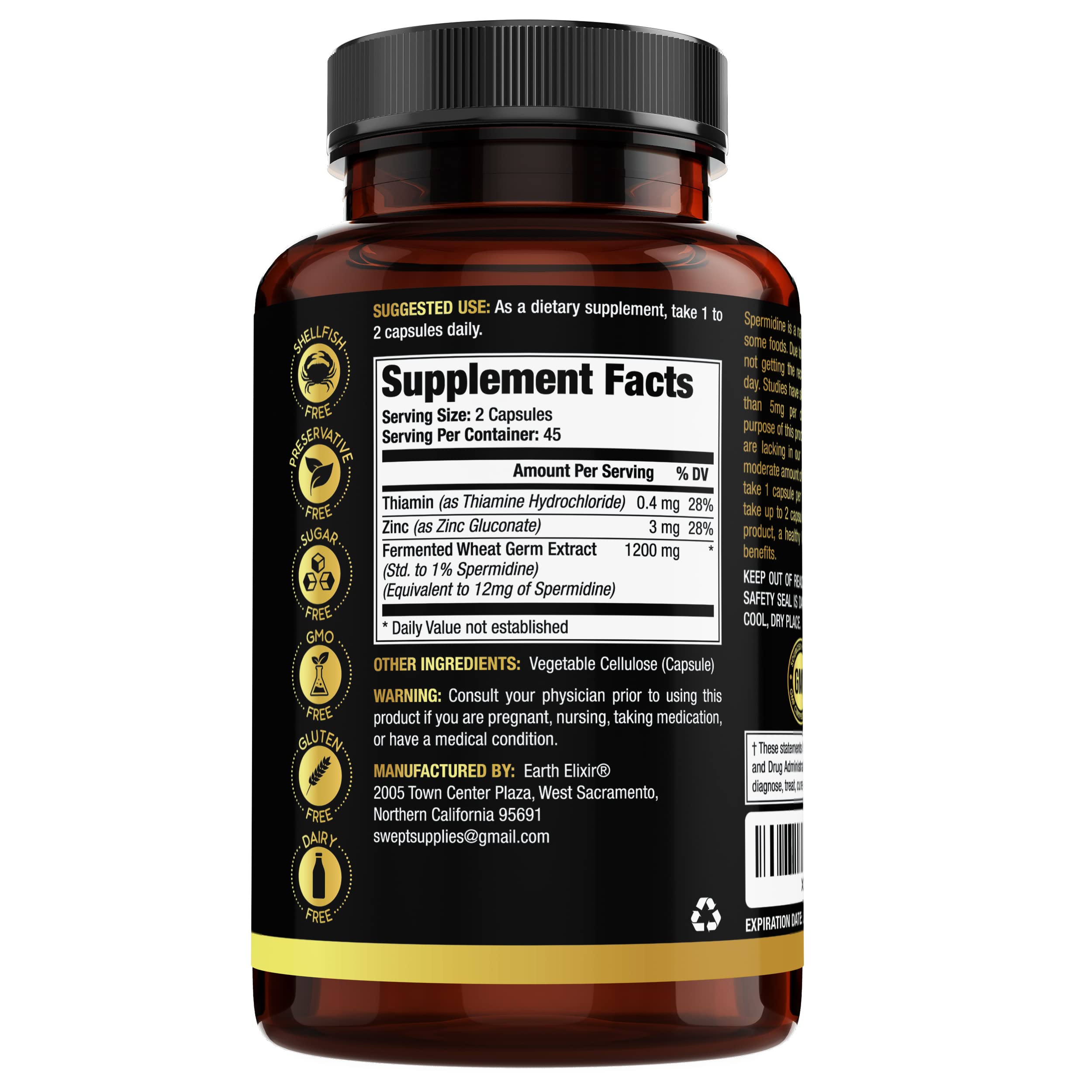Earth Elixir Spermidine capsules close-up showing 12 mg per serving.