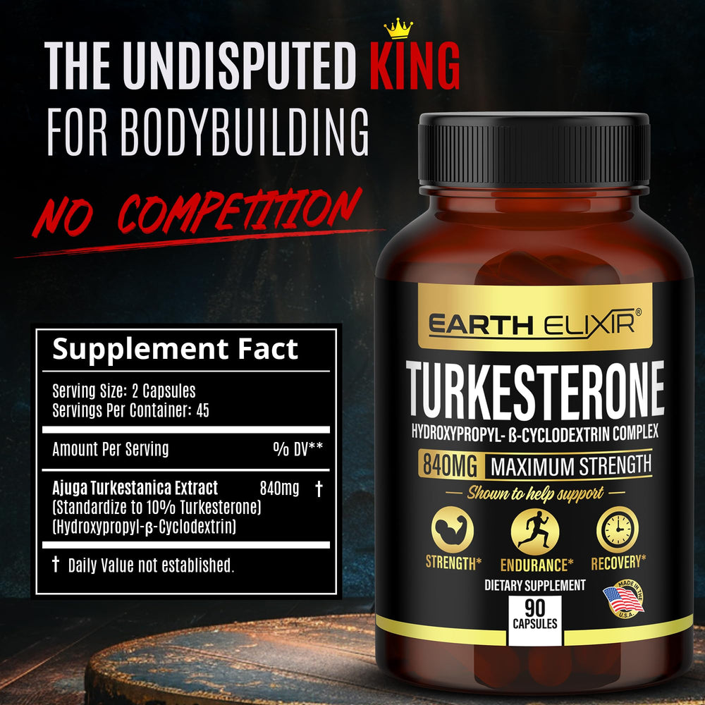 Earth Elixir Turkesterone bottle back with supplement details and quality notes