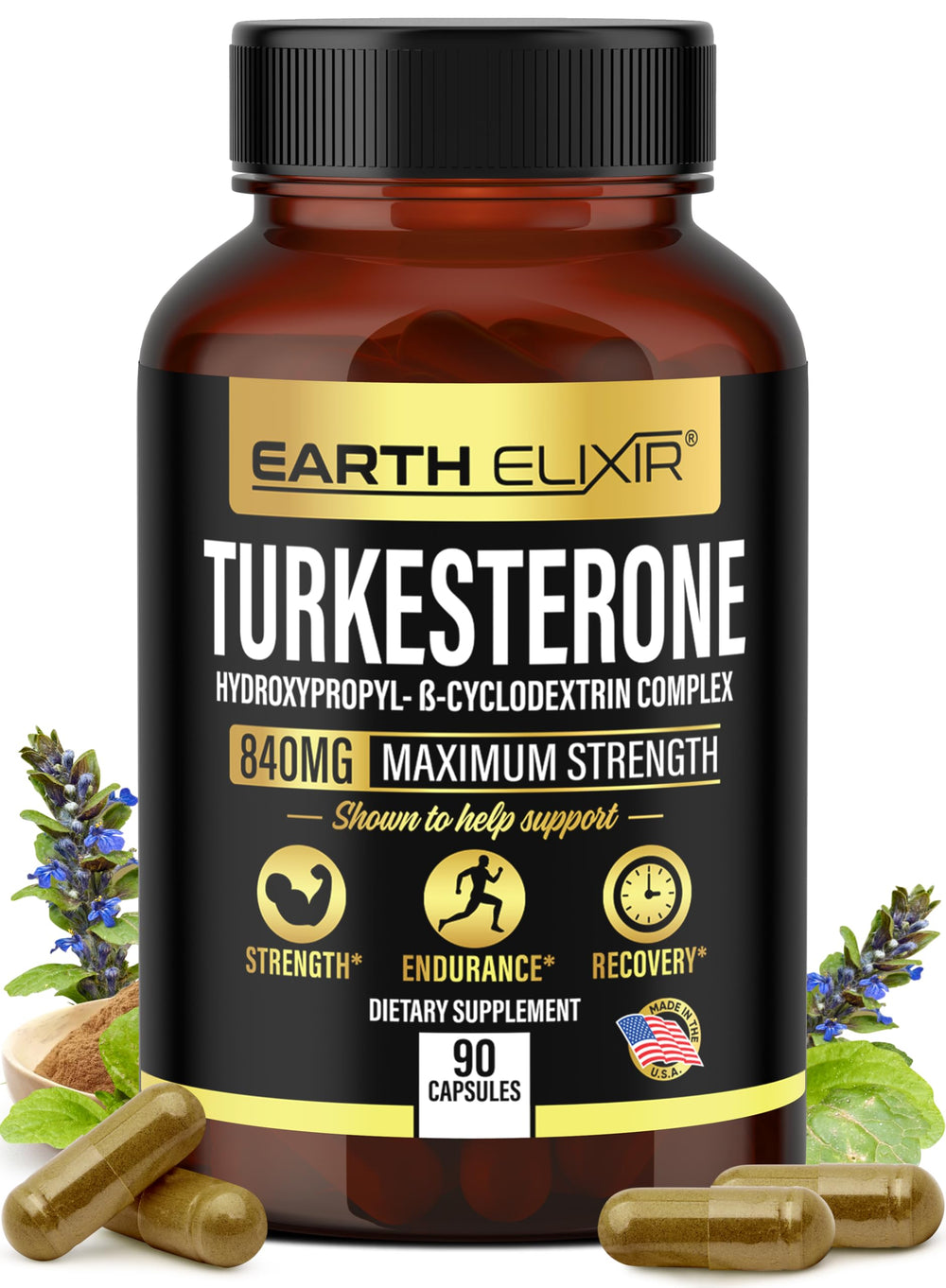 Earth Elixir Turkesterone bottle front view highlighting Ajuga Turkestanica extract for athletic vitality