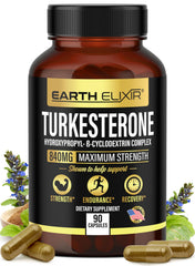 Earth Elixir Turkesterone bottle front view highlighting Ajuga Turkestanica extract for athletic vitality