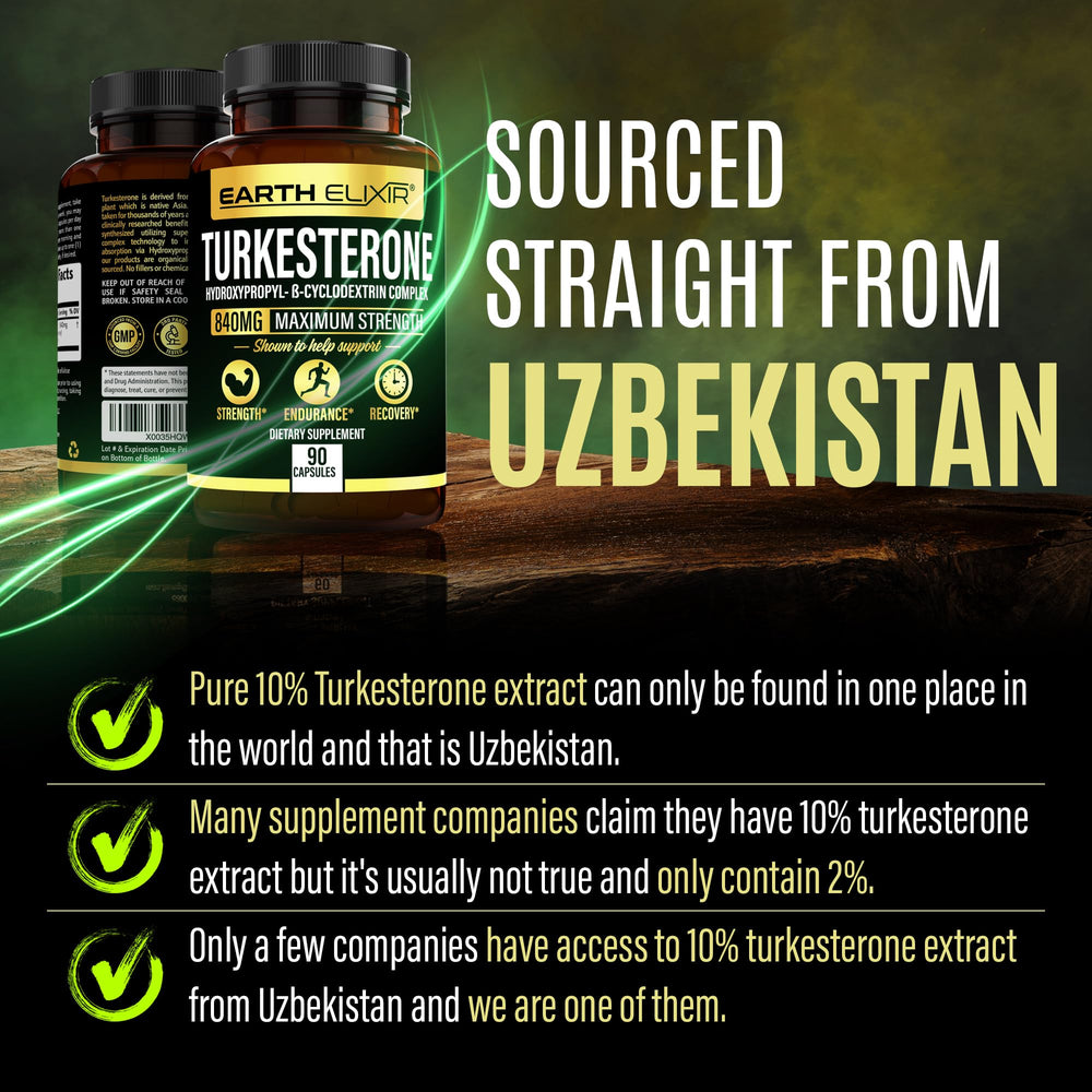 Earth Elixir Turkesterone capsules close-up showing vegan, non-GMO formula