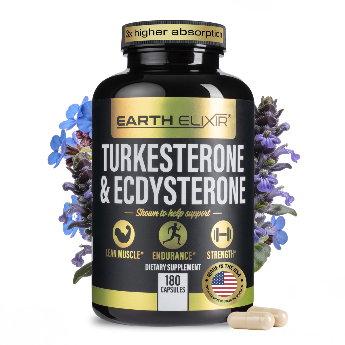 Earth Elixir Turkesterone & Ecdysterone bottle with 180 capsules for training support.