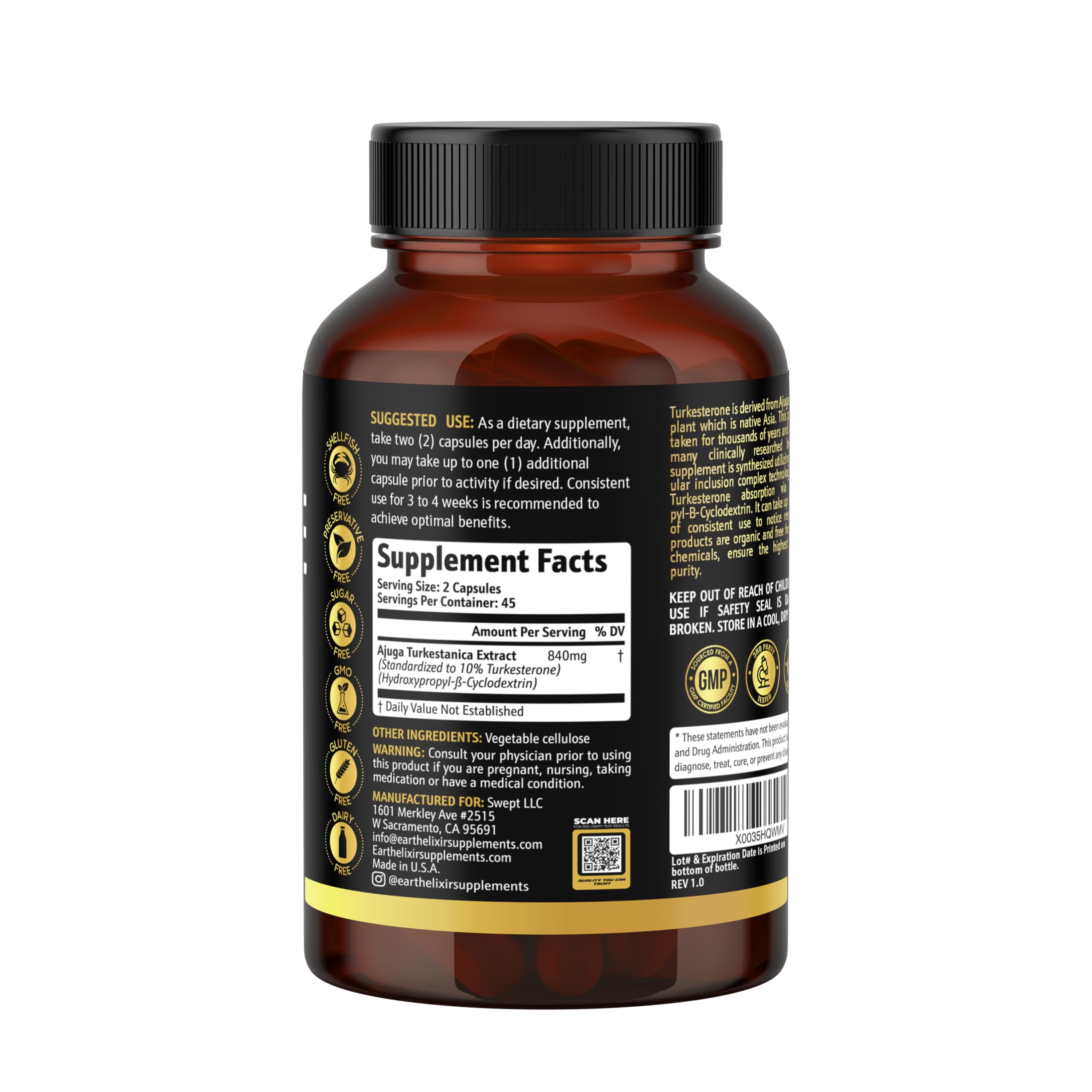 Earth Elixir Turkesterone third-party testing badge indicating independent verification