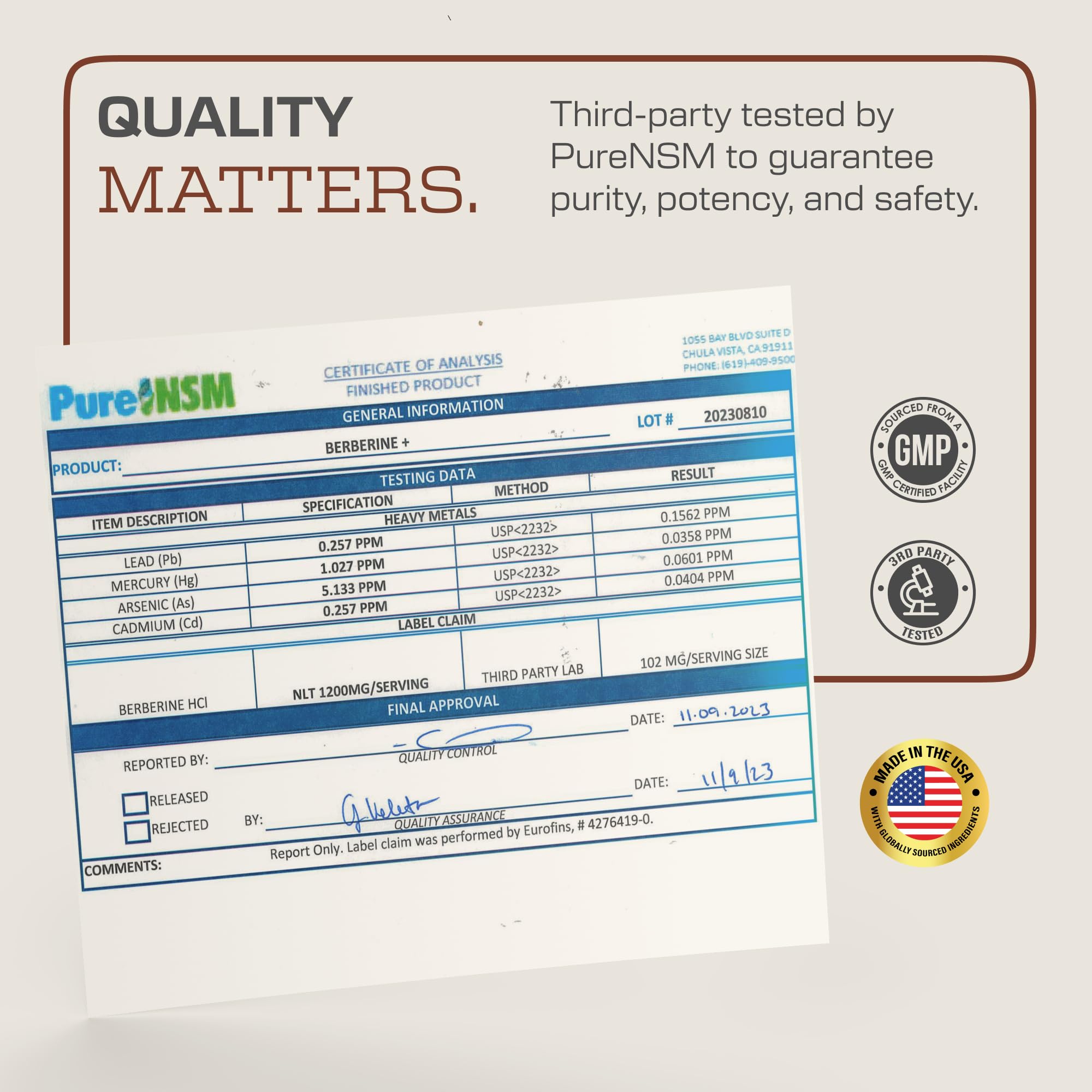 Earth Elixir USA-made GMP facility badge signaling quality and third-party testing.