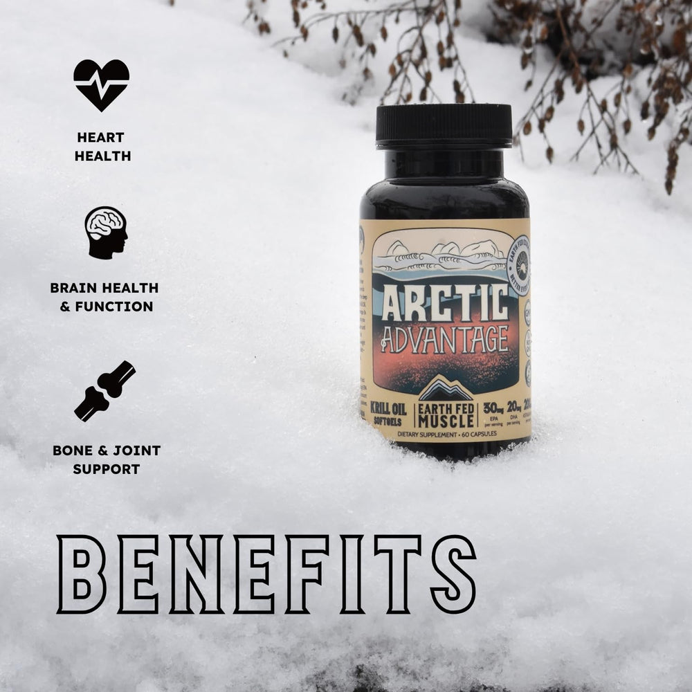 Earth Fed Muscle Arctic Advantage Krill Oil label; astaxanthin included for natural antioxidant support.