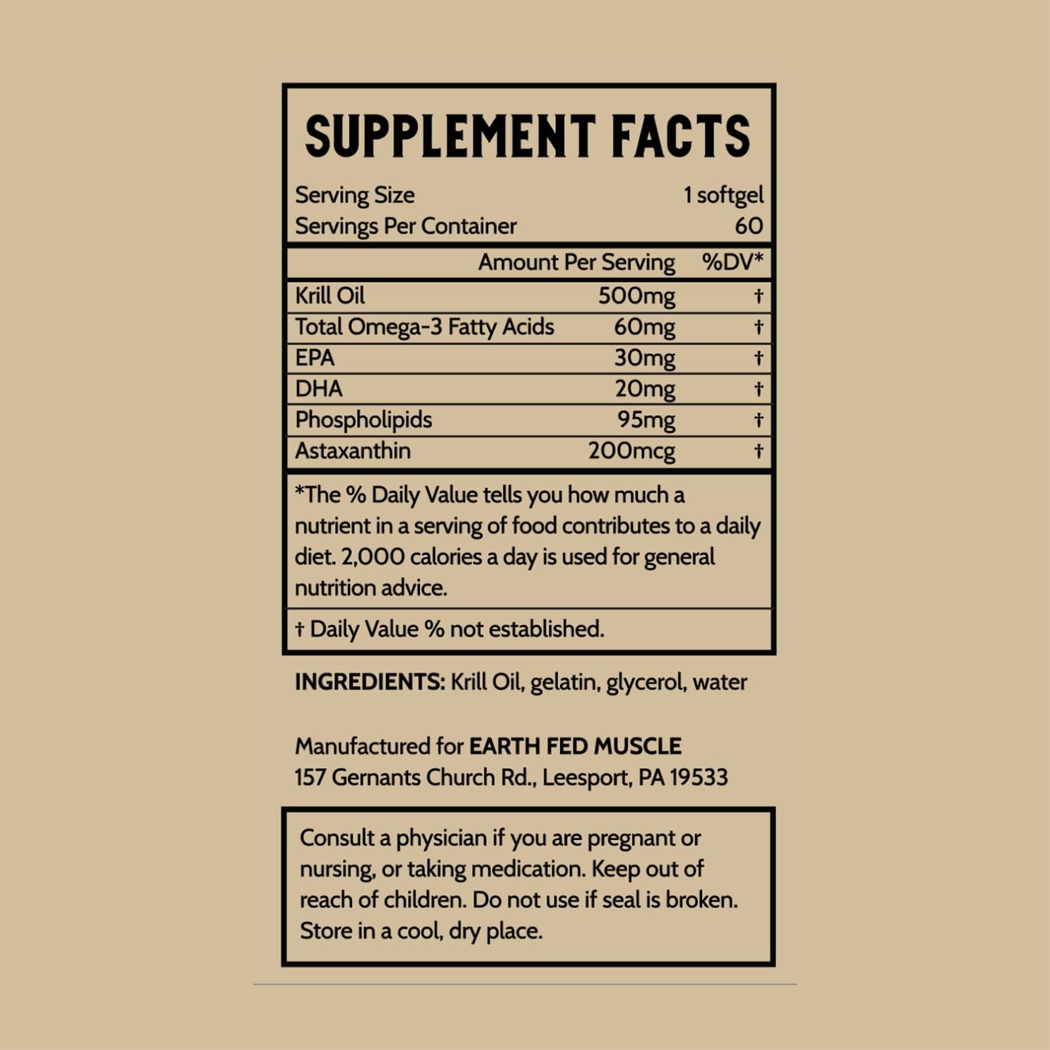 Earth Fed Muscle Arctic Advantage Krill Oil packaging; gluten-free and non-GMO.