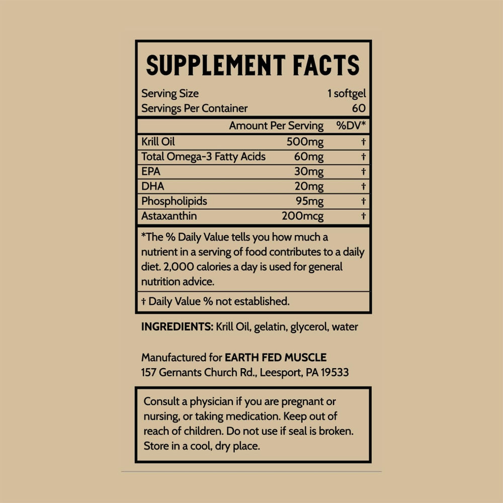 Earth Fed Muscle Arctic Advantage Krill Oil packaging; gluten-free and non-GMO.