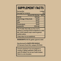 Earth Fed Muscle Arctic Advantage Krill Oil packaging; gluten-free and non-GMO.