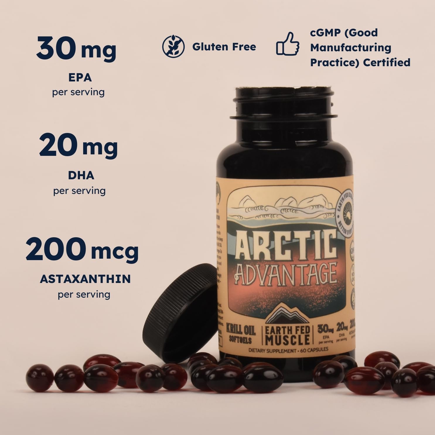 Earth Fed Muscle Arctic Advantage Krill Oil softgels close-up; supports brain and eye health.
