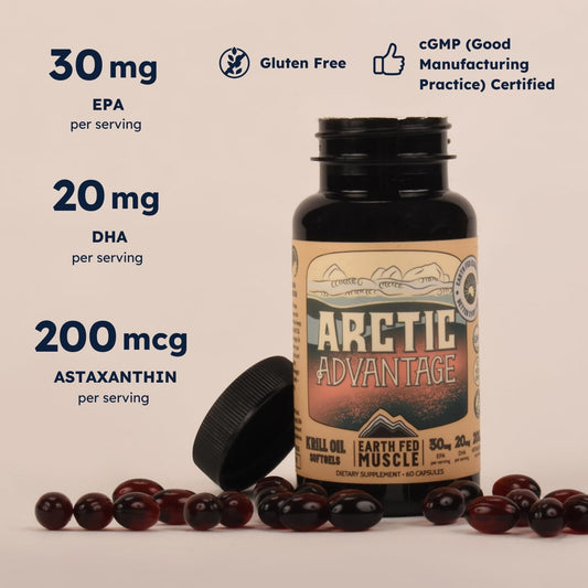 Earth Fed Muscle Arctic Advantage Krill Oil softgels close-up; supports brain and eye health.