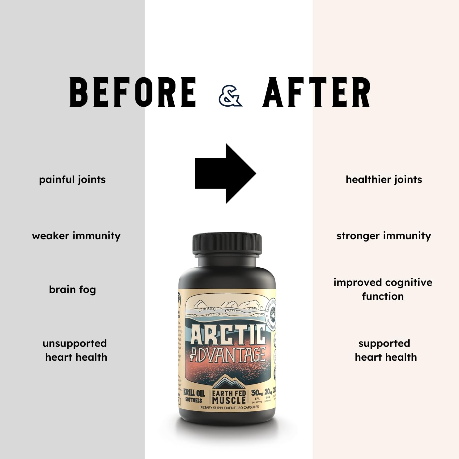 Earth Fed Muscle Arctic Advantage Krill Oil vial; phospholipid omega-3s for better absorption.