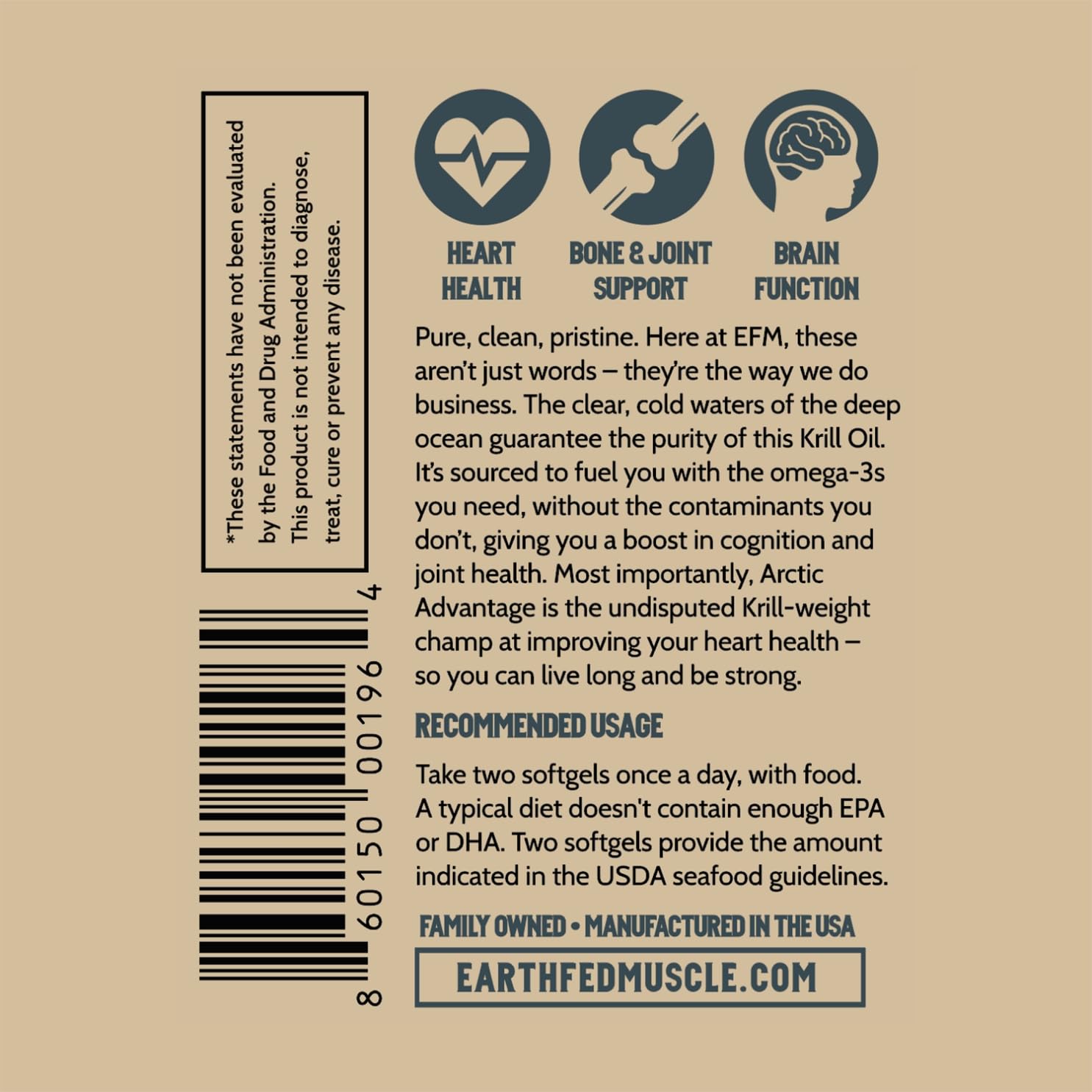 Earth Fed Muscle Arctic Advantage Krill Oil sustainably harvested krill; eco-conscious choice.