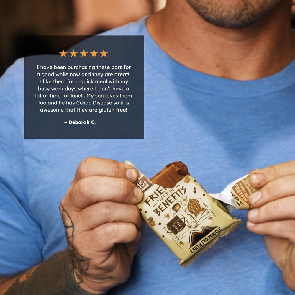 Earth Fed Muscle chocolate peanut butter bar slice emphasizing rich flavor and macros balance.