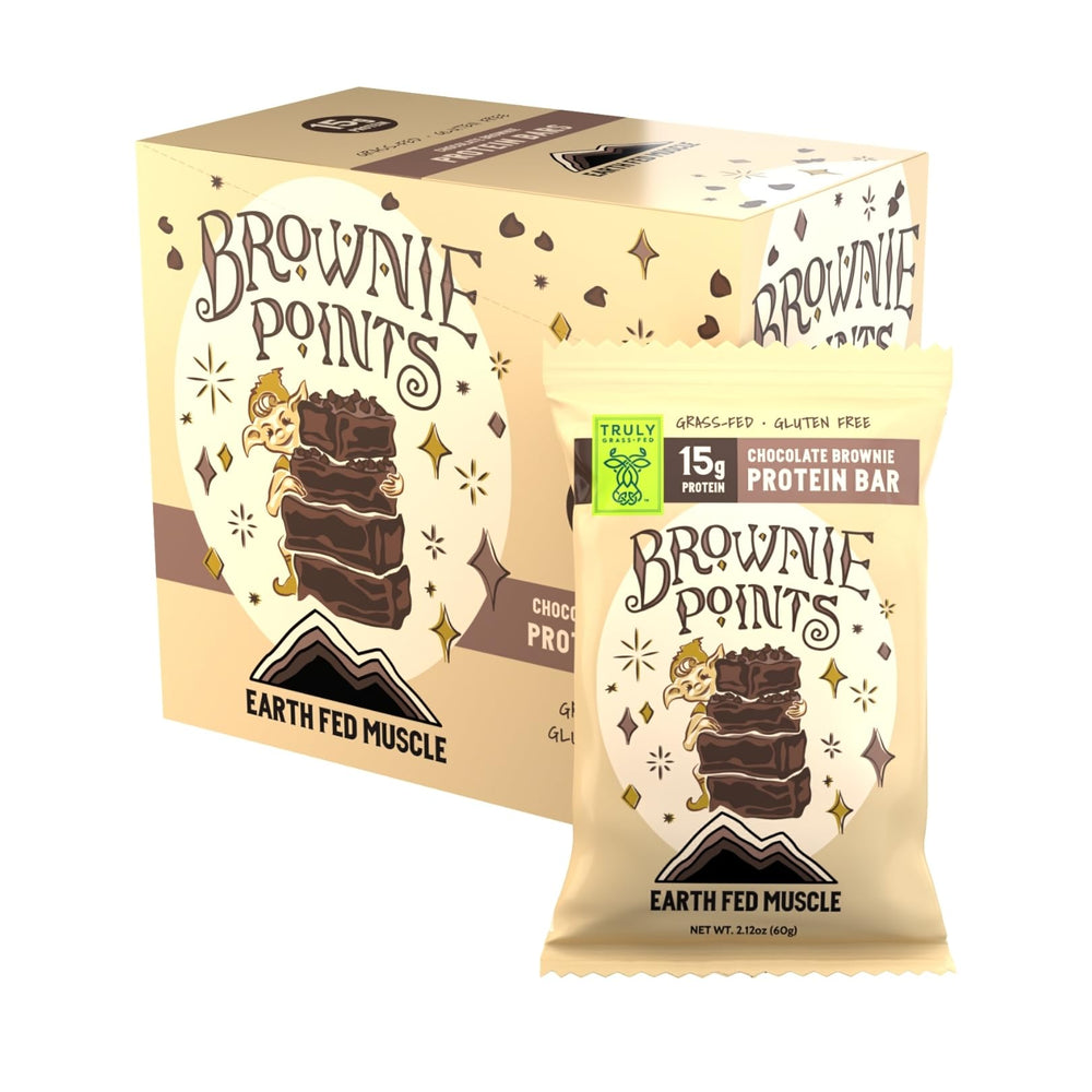 Earth Fed Muscle Brownie Points packaging on display showing 15g protein per bar