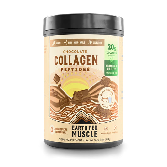 Earth Fed Muscle chocolate collagen powder bottle for daily collagen support