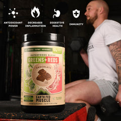 Earth Fed Muscle chocolate greens and reds in a smoothie for flavor and nutrition.