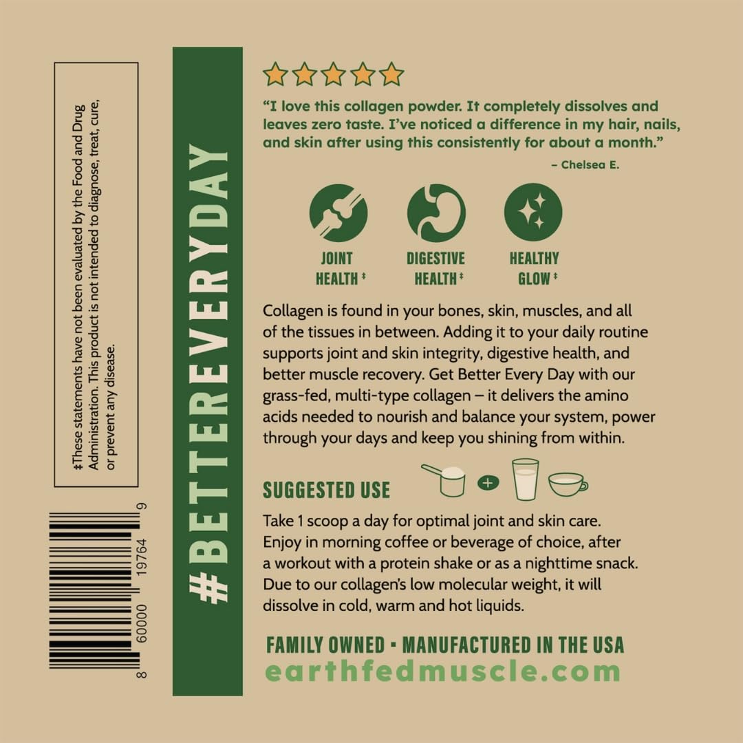 Earth Fed Muscle collagen peptides daily-use scene signals support for hair, skin, nails