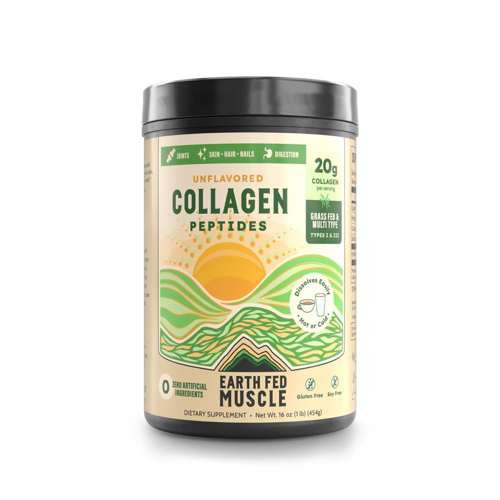 Earth Fed Muscle collagen peptides powder bottle showing grass-fed formula for beauty and joints