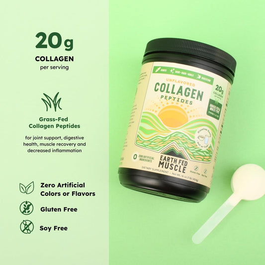 Earth Fed Muscle collagen peptides scoop resting beside powder for easy daily mixing