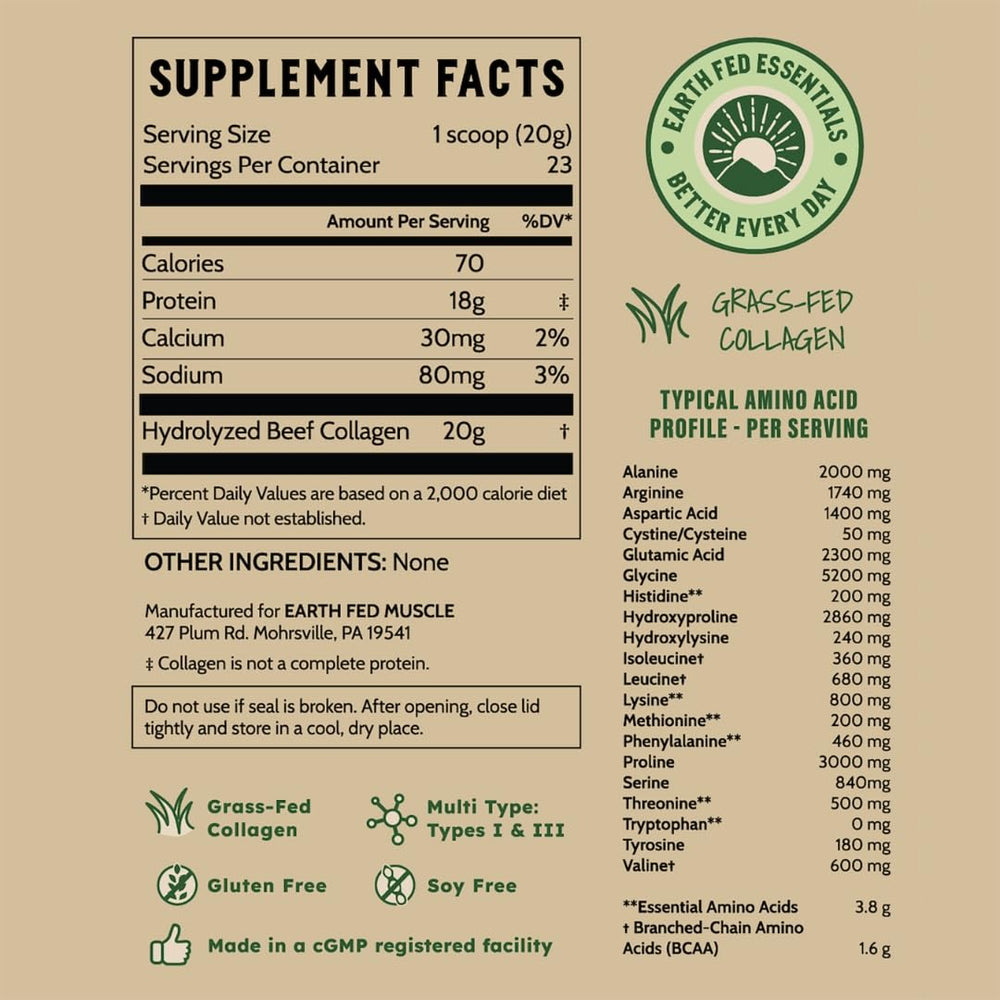 Earth Fed Muscle collagen peptides serving scoop neutral flavor suitable for baking