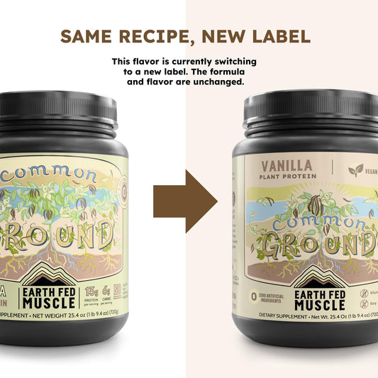 Earth Fed Muscle Common Ground vanilla protein powder scoop ready for post-workout recovery.