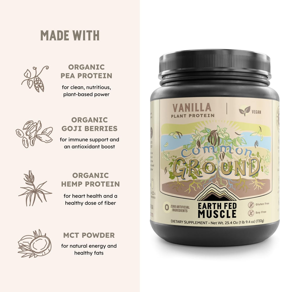 Earth Fed Muscle Common Ground vanilla protein blends into smoothies for daily nutrition.