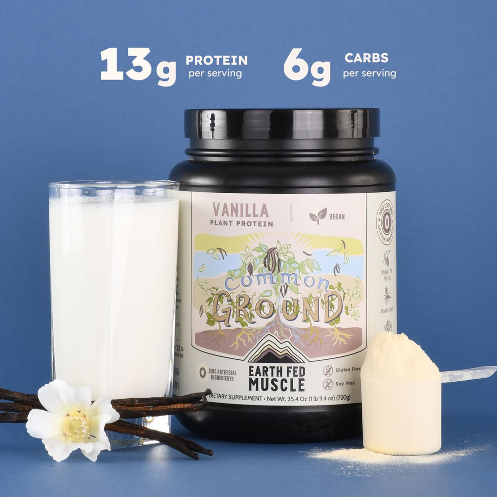 Earth Fed Muscle Common Ground vanilla shake in glass highlighting smooth mixability.