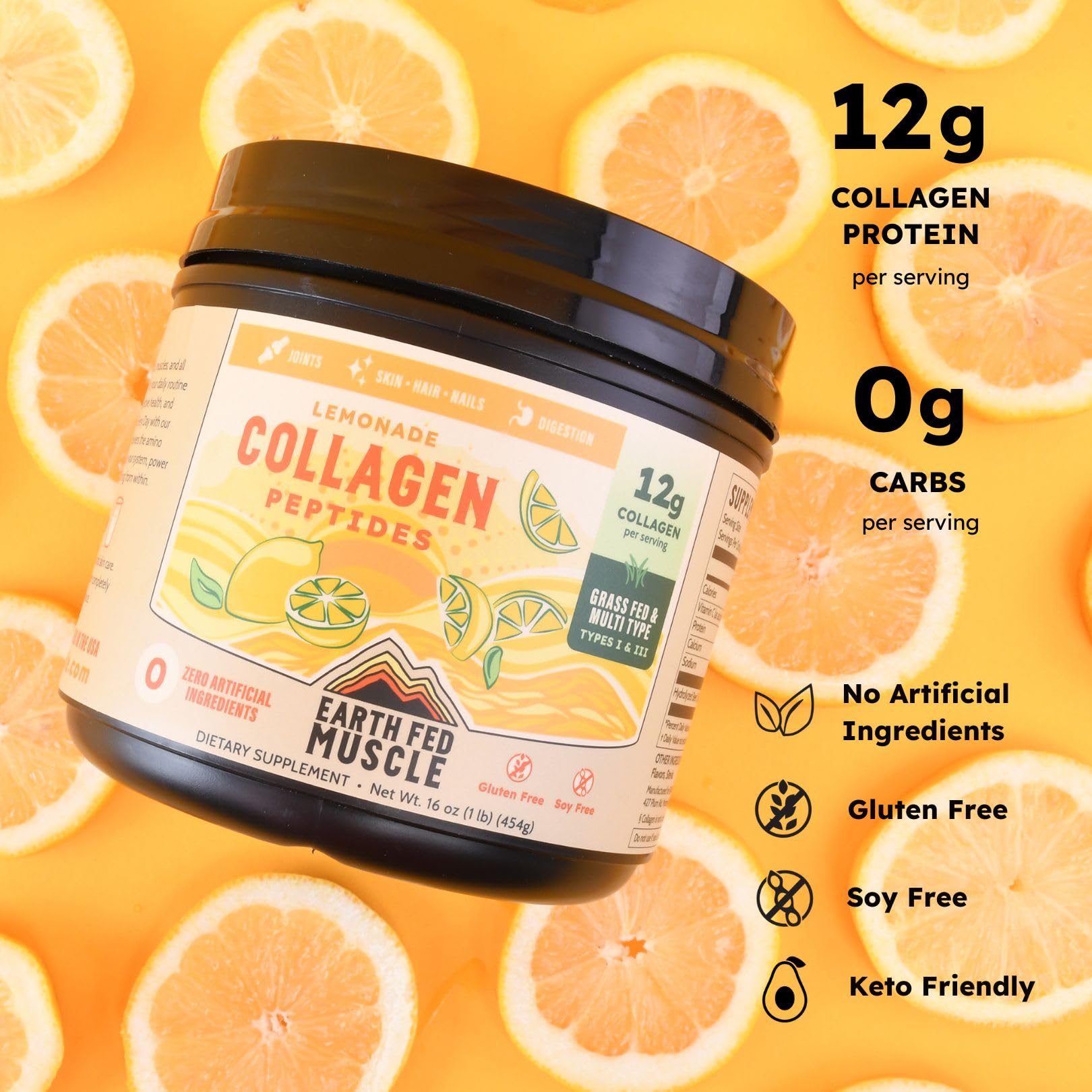 Earth Fed Muscle Lemonade Collagen Powder dissolving in water with lemon flavor for quick hydration.