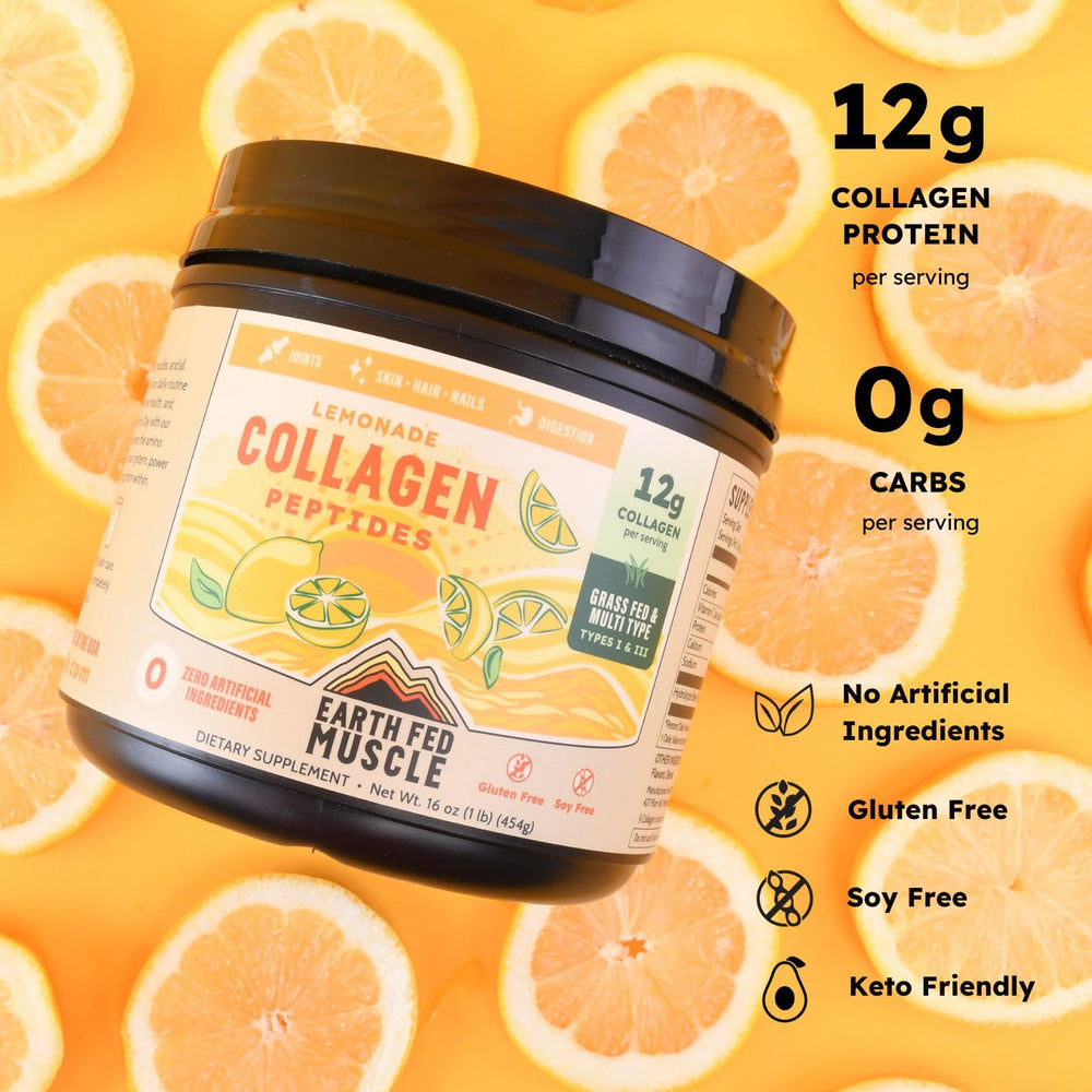 Earth Fed Muscle Lemonade Collagen Powder dissolving in water with lemon flavor for quick hydration.