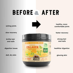 Earth Fed Muscle Lemonade Collagen Powder glass with lemon, ready to hydrate.