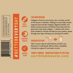 Earth Fed Muscle Lemonade Collagen Powder ingredient panel highlighting Type 1 & 3 collagen.
