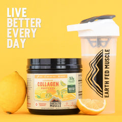 Earth Fed Muscle Lemonade Collagen Powder measuring spoon ready for workout routine.