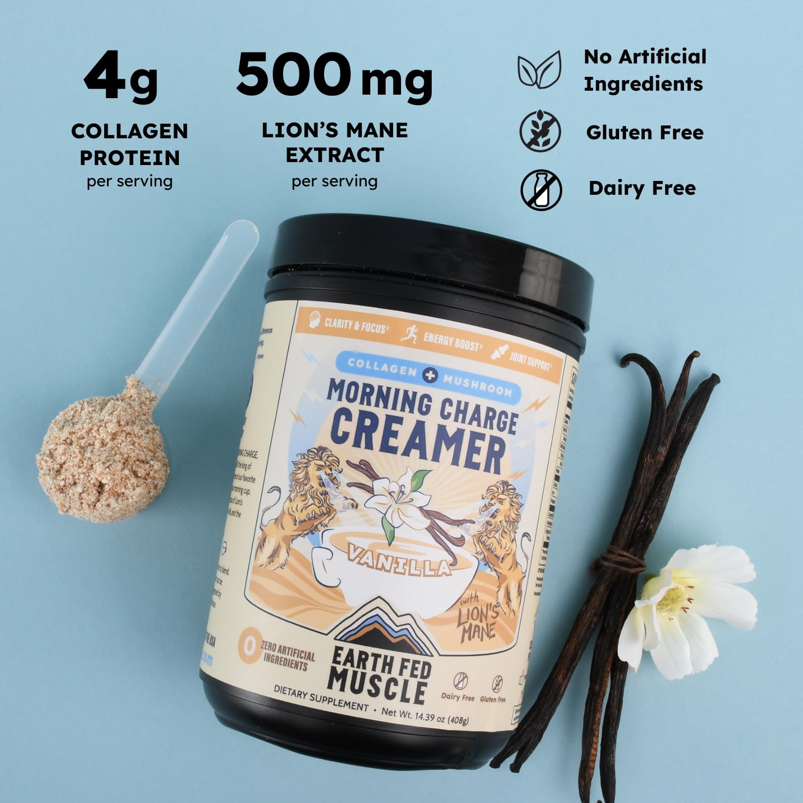 Earth Fed Muscle Morning Charge ingredients glass bowl highlights coconut milk powder in a dairy-free formula.