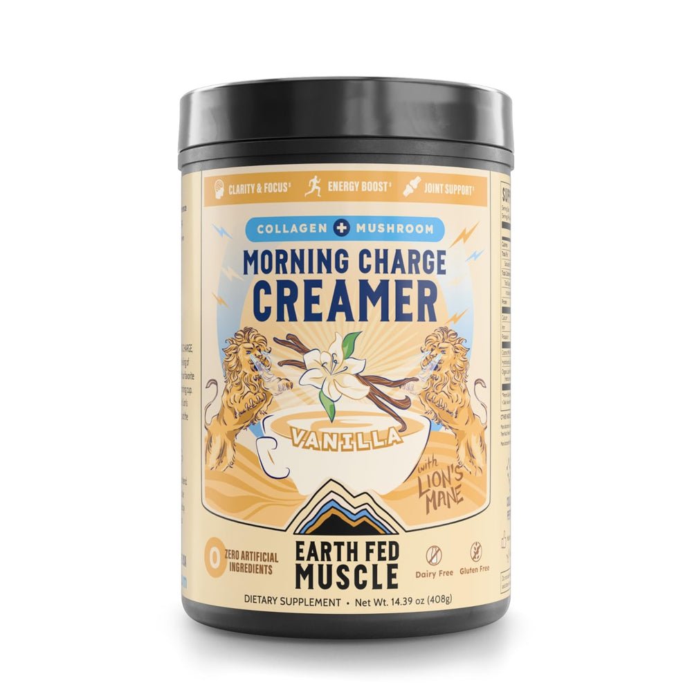 Earth Fed Muscle Morning Charge bottle pour shows creamy vanilla coffee creamer for a smooth cup.