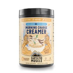 Earth Fed Muscle Morning Charge bottle pour shows creamy vanilla coffee creamer for a smooth cup.