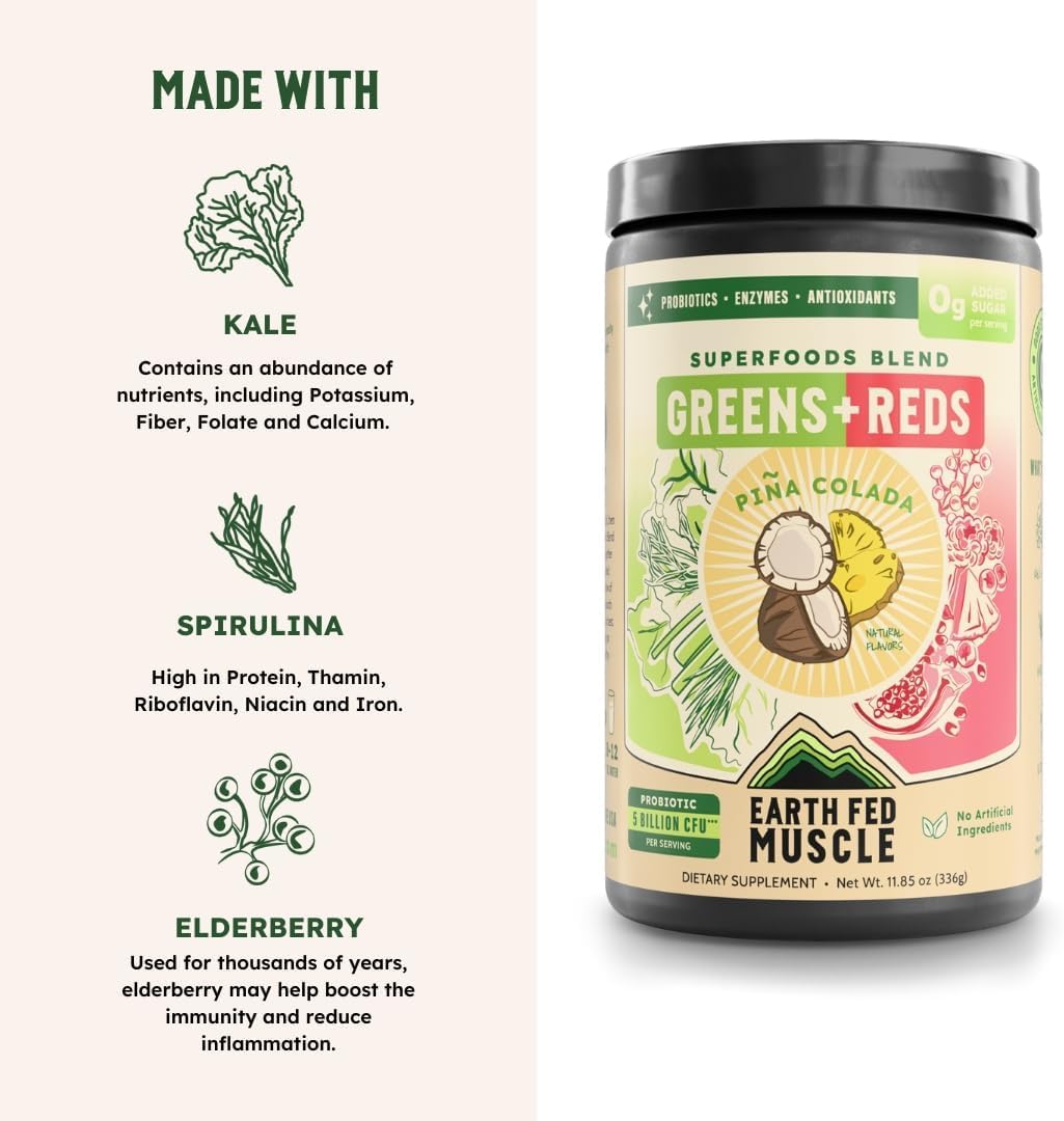 Earth Fed Muscle organic kale powder bag highlights greens for healthy smoothies.