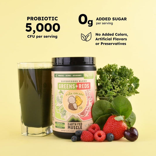 Earth Fed Muscle pina-colada powder in a glass for tropical daily shakes.