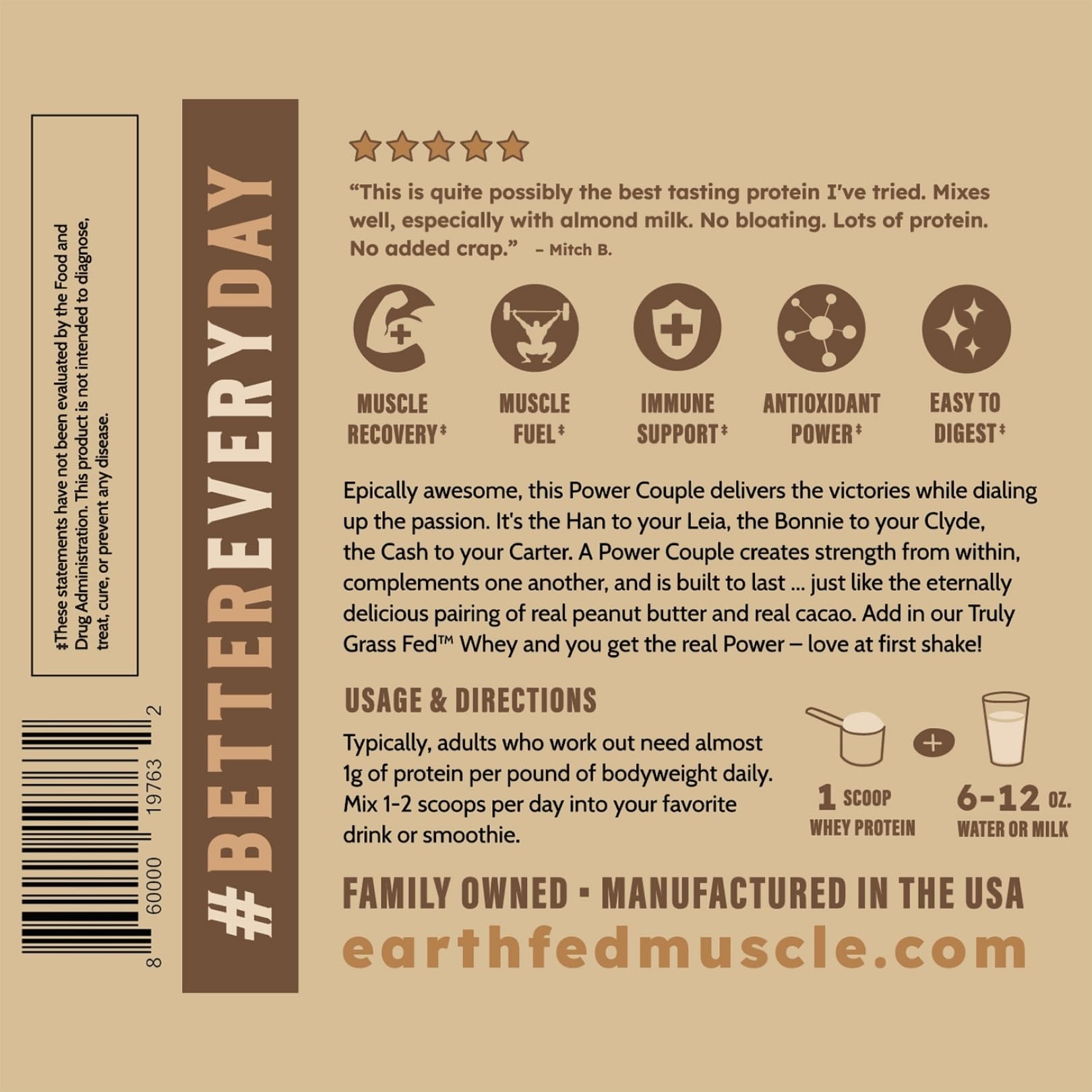 Earth Fed Muscle Power Couple certification logos indicate quality standards.