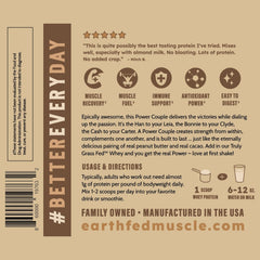 Earth Fed Muscle Power Couple certification logos indicate quality standards.