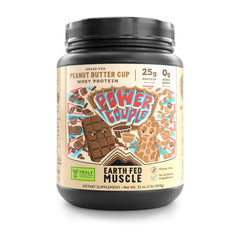 Earth Fed Muscle Power Couple whey scoop showing 29g protein per serving for lean recovery.